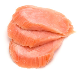 smoked salmon segments isolated on white background cutout. Prepared fish fillet fibres.