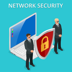 Network security computer security, personal access via finger, user authorization, login, protection technology Vector isometric illustration.