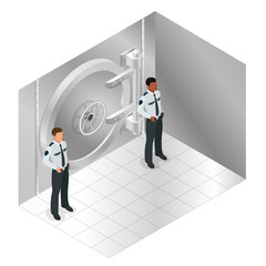 Wall Mural - Closed steel bank vault door. Closed door to the bank s storehouse and two guards. Vector isometric illustration.