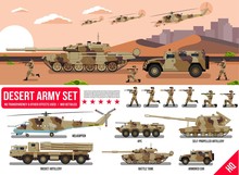 War Army Military Vehicles Set With Tank, Rocket Artillery, Helicopter, Troopers Soldiers, Armored Car, Armored Carrier, In Desert Camouflage Flat Design In Cool Vector Collection
