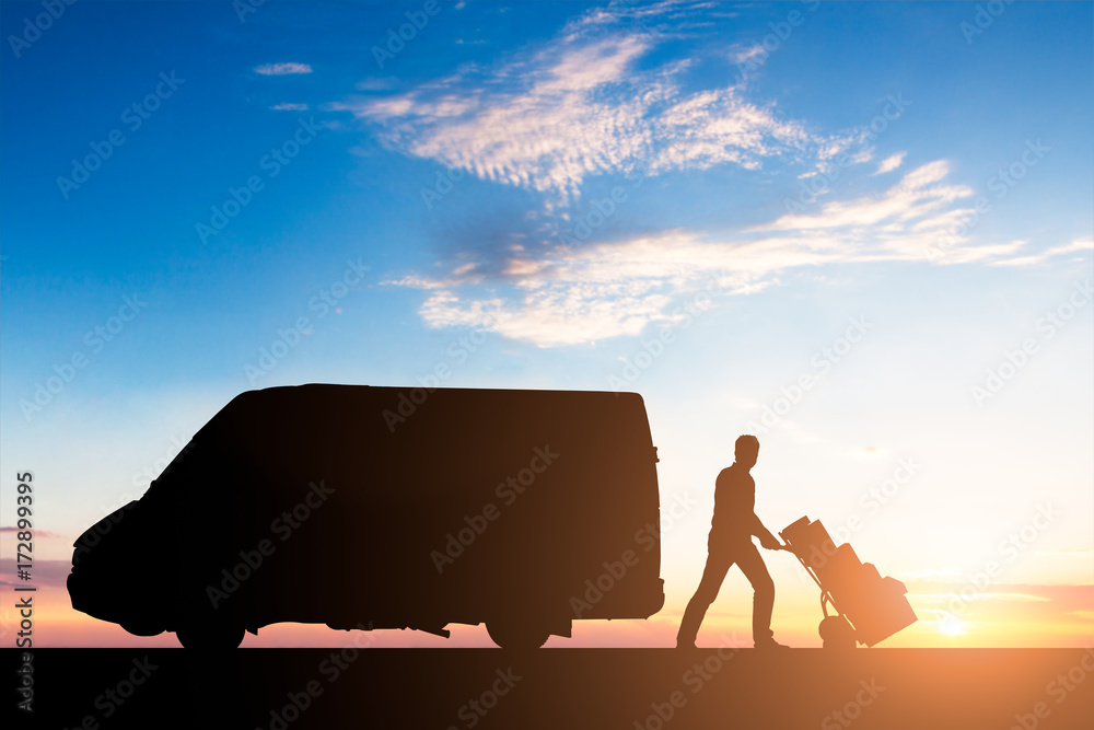 Silhouette Of Delivery Courier With Cardboard Boxes On Trolley - obrazy, fototapety, plakaty 