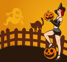 Retro Halloween Pin Up Witch Vector Illustration. Some Elements On Separate Layers. 