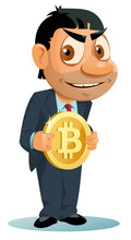 Funny Man In A Suit Holds Bitcoin Simbol. Cartoon Styled Vector Illustration. Elements Is Grouped. Isolated On White. No Transparent Objects.