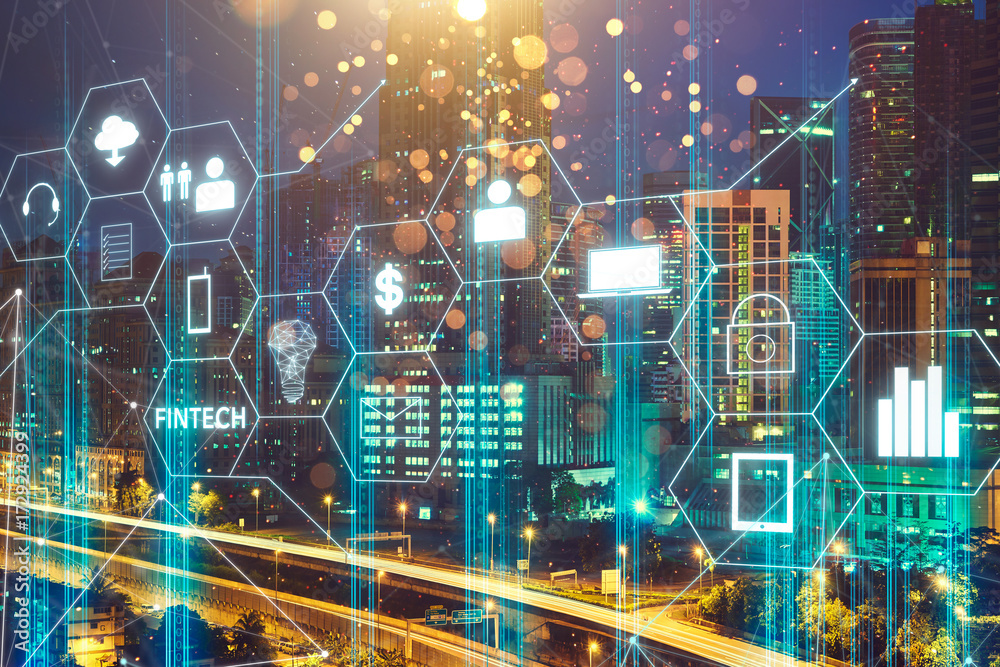 Fintech icon and internet of things with matrix code background ...