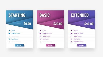 Poster - set of white web price tables with diagonal design elements with a gradient for the name of the tariff and valuable