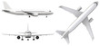 © www3d - High detailed white airplane, 3d render on a white background. Airplane in profile, from the front and top view isolated 3d illustration Airline Concept Travel Passenger planes set. Jet commercial