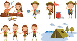 Fototapeta  - Scouts honor character Set.Children hand in hand.hand gesture Camping.Boy playing guitar around the campfire.Kid studying a tour route map.camping tent.Roasting sausage on campfire.