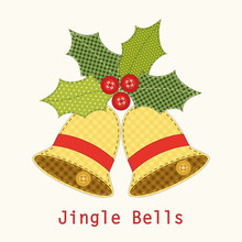 Cute Christmas Bells With Holly Berry As Retro Fabric Applique In Shabby Chic Style