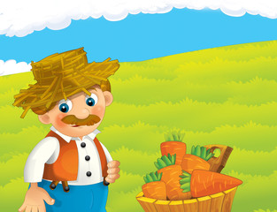 cartoon scene with happy man working on the farm - standing and smiling / illustration for children