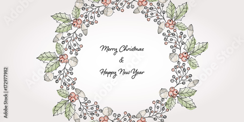 Cuadros en Lienzo Hand drawn wreath with watercolor elements and christmas greetings