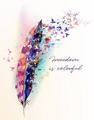 Poster - Boho fashion illustration with colorful feather and birds