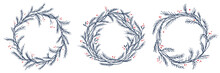 Vector Set Of Silhouette Of Christmas Wreath. Hand Drawn Branches And Berries, Circle Frames Or Borders
