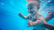 canvas print picture - Baby background. Happy infant learn to swim, dive underwater with fun in pool to keep fit.