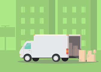 Moving truck and cardboard boxes on the street. Moving House. Transport company. Illustration