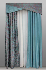 Modern decoration of windows and walls in the interior. Combined curtains from different materials with geometric pelmet and light, translucent tulle.