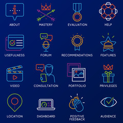 Vector set of linear color 16 icons related to feedback, review and customer relationship management. Mono line pictograms and infographics design elements - part 2