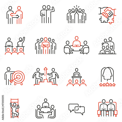 Foto Vector set of 16 linear quality icons related to team work, human resources, business interaction