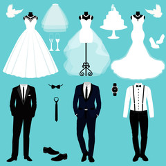 Wall Mural - Wedding card with the clothes of the bride and groom.