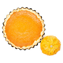 Pumpkin Pie Arranged With Small Pumpkins Isolated On White Background Top View