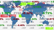 Forex Stock Market Ticker Tape News Line And Holographic Earth Map On Background - New Quality Financial Business Animated Dynamic Motion Video Footage