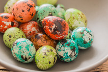 Colored Quail Eggs For Easter In Bowl