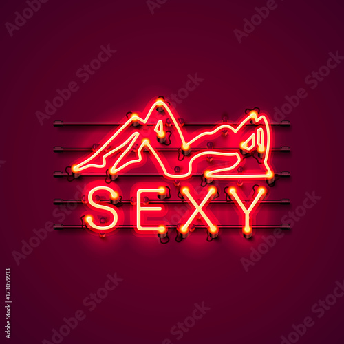 Neon sexy girl signboard on the red background. Vector illustration