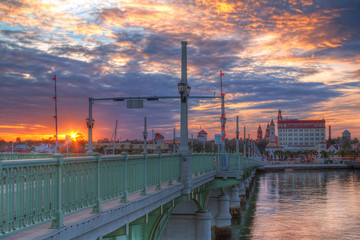 Beautiful view of the Bridge of Lions, the sky and the city at sunset, Saint Augustine, USA