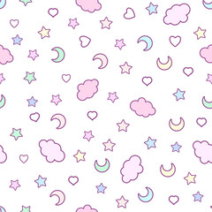 Seamless pattern with clouds, moon, stars, and in the doodle kaw