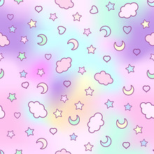Seamless Pattern With Clouds, Moon, Stars, And In The Doodle Kaw