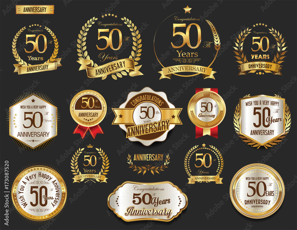 Anniversary golden laurel wreath and badges 50 years vector collection - obrazy, fototapety, plakaty 