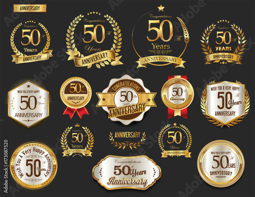 Cuadros en Lienzo Anniversary golden laurel wreath and badges 50 years vector collection