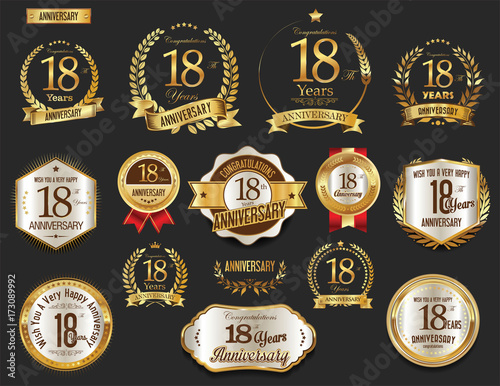 Anniversary golden laurel wreath and badges 18 years vector collection Tableau sur Toile