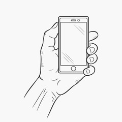 Poster - Mobile phone in hand, front view. Vector illustration.