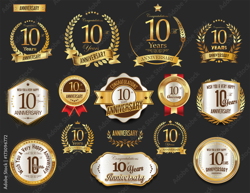 Anniversary golden laurel wreath and badges 10 years vector collection - obrazy, fototapety, plakaty 