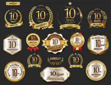 Anniversary Golden Laurel Wreath And Badges 10 Years Vector Collection