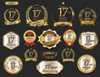 Anniversary golden laurel wreath and badges 17 years vector collection