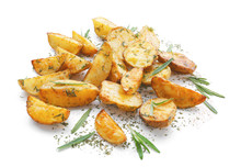 Delicious Baked Potatoes With Rosemary, Isolated On White