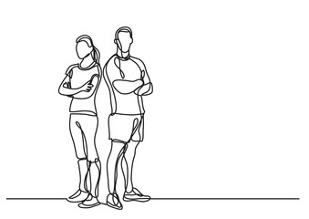 Wall Mural - continuous line drawing of man and woman fitess instructors standing