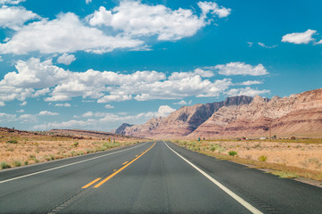 Canvas Print - Stone desert in the USA. Red rocks of Arizona and highway