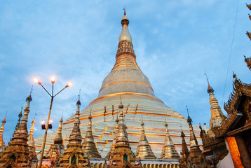 Yangon, Myanmar. Sep 9, 2017. Myanmer famous sacred place and tourist attraction landmark, Shwedagon Paya pagoda illuminated in the evening.