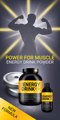 Wall Mural - Energy drink ads. Vector realistic illustration of cans with energy drink powder.