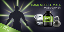 Mass gainer ads. Vector realistic illustration of cans with mass gainer powder.