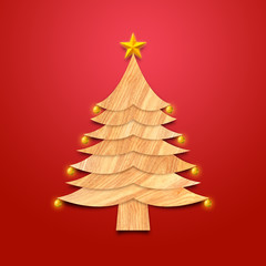 Christmas tree made from wood with decorations and Golden star, Red background. Christmas season with art style illustration