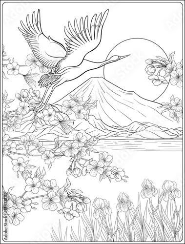 Plakaty żurawie  japonski-krajobraz-z-gora-fuji-i-tradycyjnymi-kwiatami-i-ab