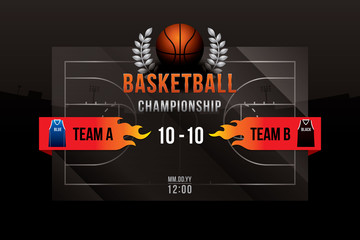 Wall Mural - Vector of basketball with team competition and scoreboard on court background.