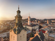 Cathedral from above, aerial panoramic view. Located in Lviv, Ukraine. Sunset time, cityscape.