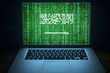 Saudi Arabian hacker. Laptop with binary computer code and Saudi Arabia flag on the screen. Internet and network security. Muslim hacker.