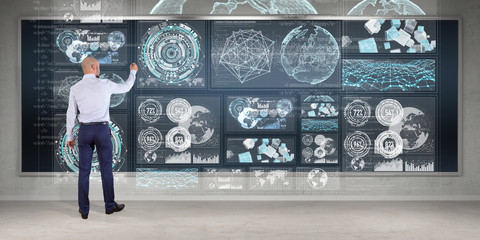 Poster - Businessman using graph screens interface on a board 3D rendering
