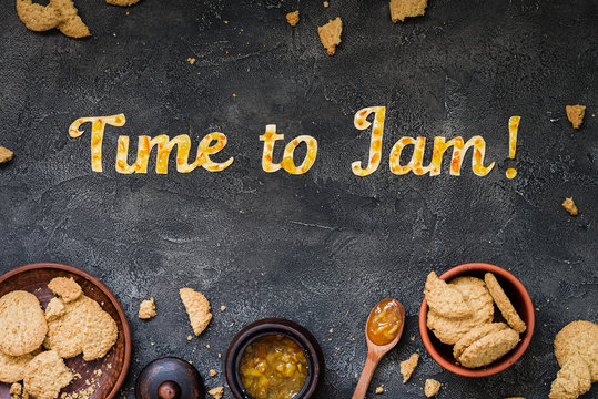 Food typography Time to Jam on dark background. Orange jam lettering. Holiday dessert concept