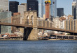Brooklyn Bridge with Manhattan skyline background from Brooklyn early in the morning with blue sky and sun shine - Brooklyn, New York, NY, United States of America, USA